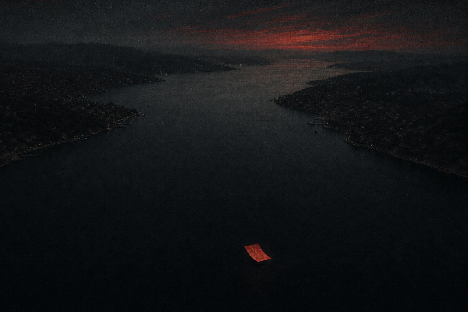 Ilustração editorial escura: um estreito visto do alto, quase sem navios, com uma única folha de papel iluminada em vermelho tijolo atravessando a água