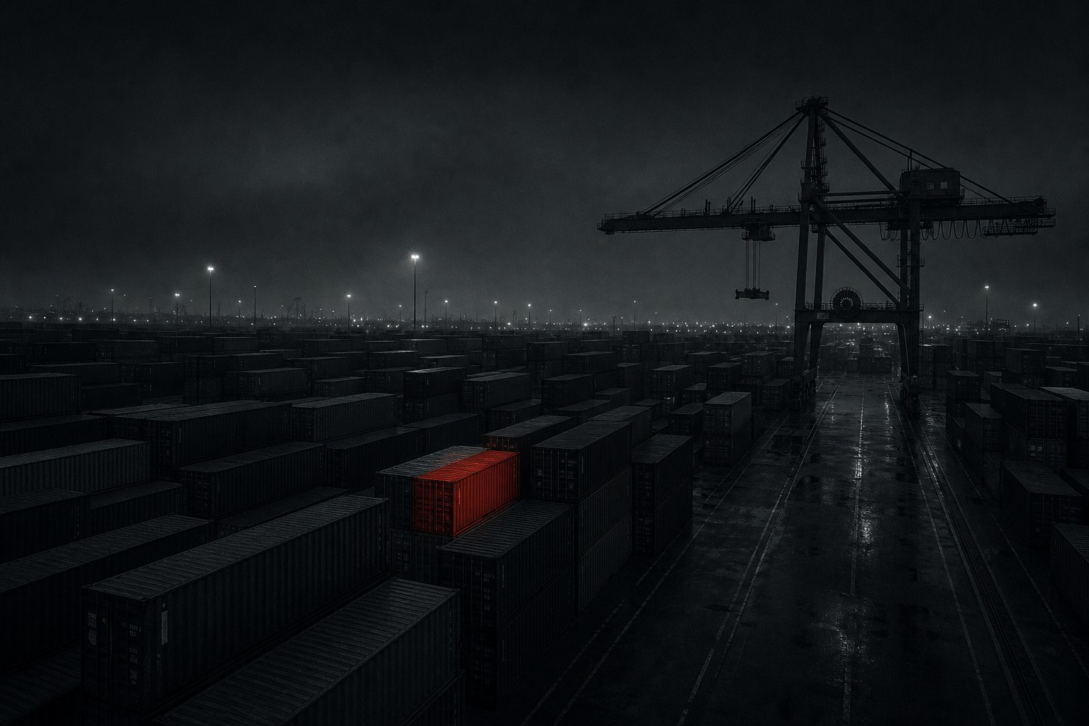 Ilustração editorial escura: um porto de contêineres à noite, fileiras empilhadas sumindo na névoa e um único contêiner aceso em vermelho tijolo